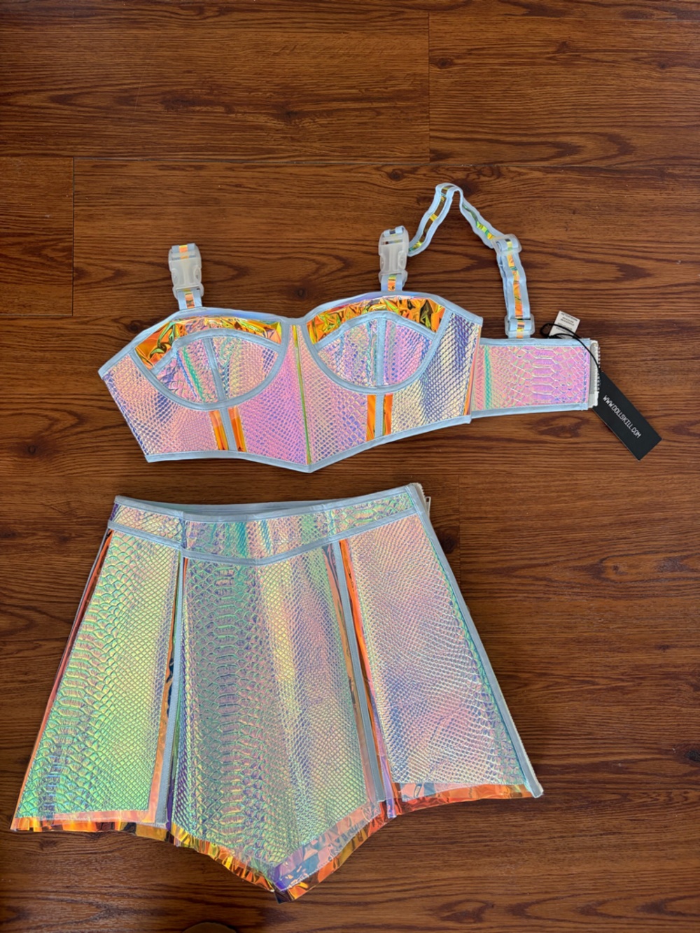 Club Exx Iridescent Holographic Bustier and High-Waist Skirt Set - Silver